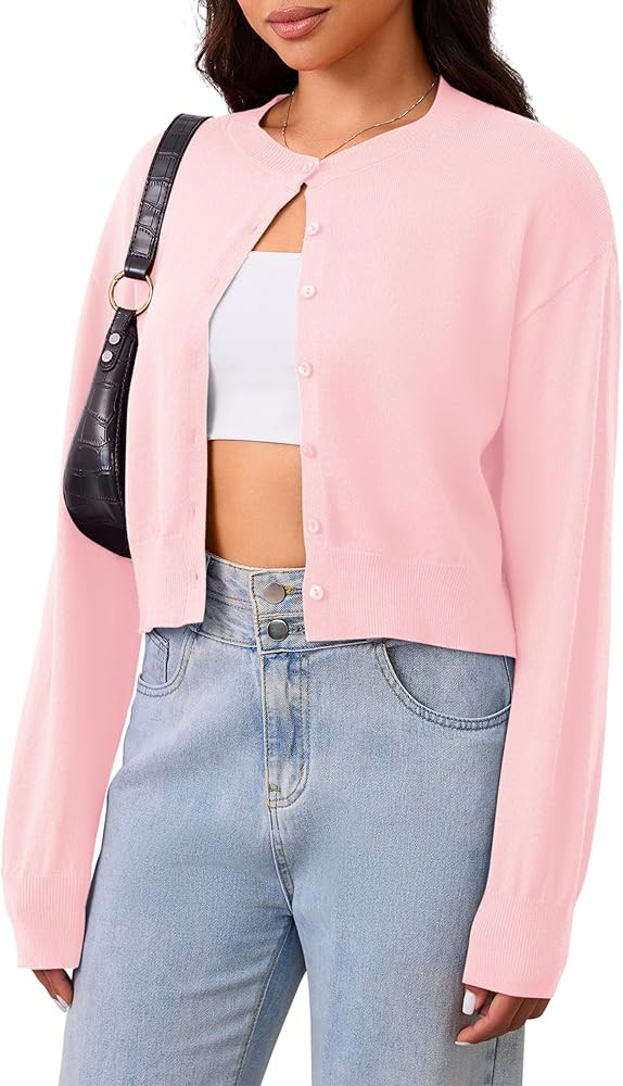 MISSACTIVER Women's Button Down Cropped Cardigan Sweater Solid Open Front Long Sleeve Crewneck Kn... | Amazon (US)