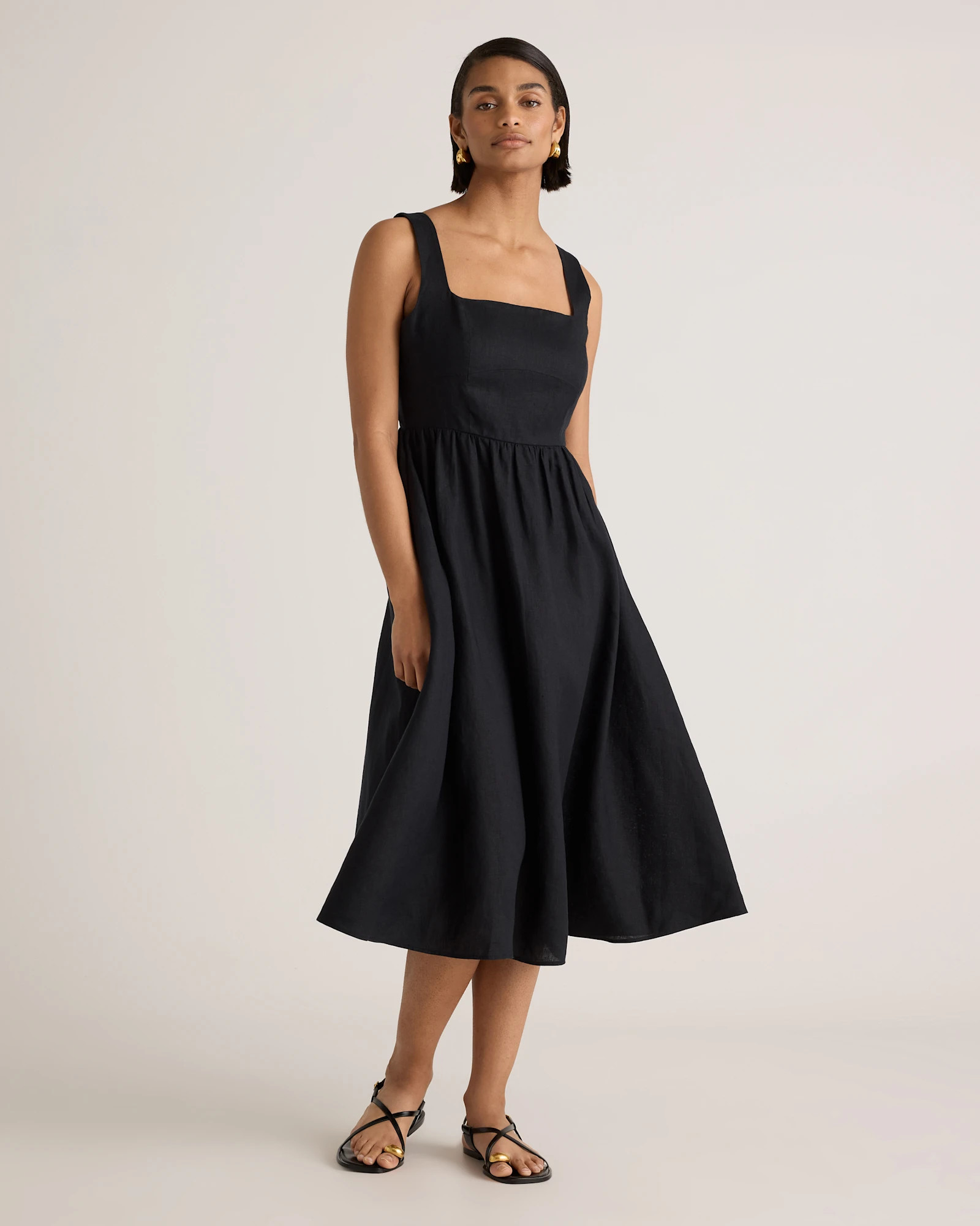100% European Linen Fit & Flare Midi Dress in Black | Quince