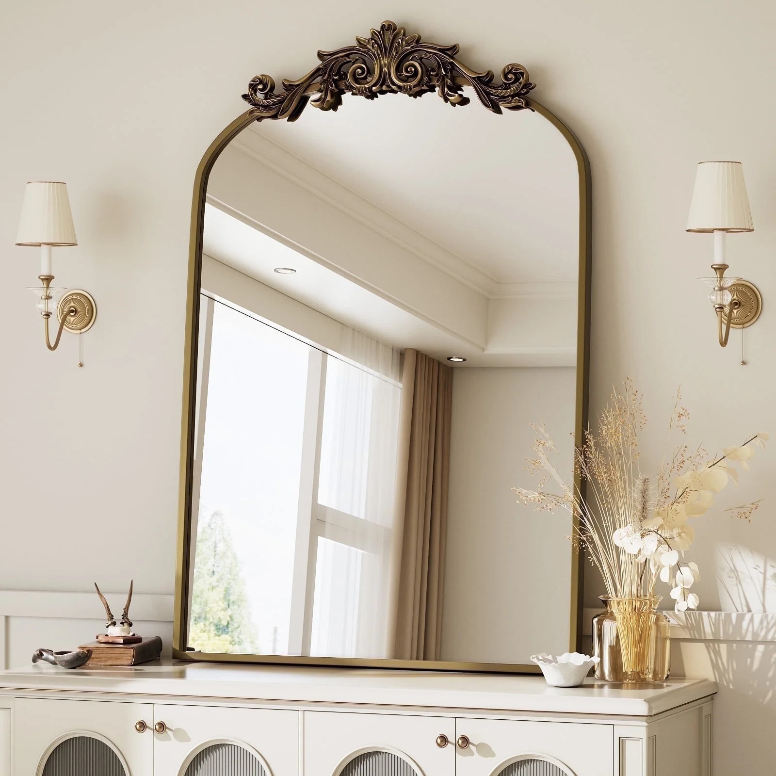 BEAUTYPEAK 32"x 22" Vanity Wall Mirror Decorative Vintage Arch Bathroom Mirror,Bronze | Walmart (US)