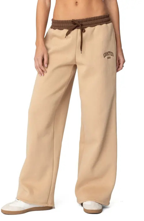 EDIKTED Contrast Waist Logo Wide Leg Sweatpants in Camel at Nordstrom, Size Small | Nordstrom