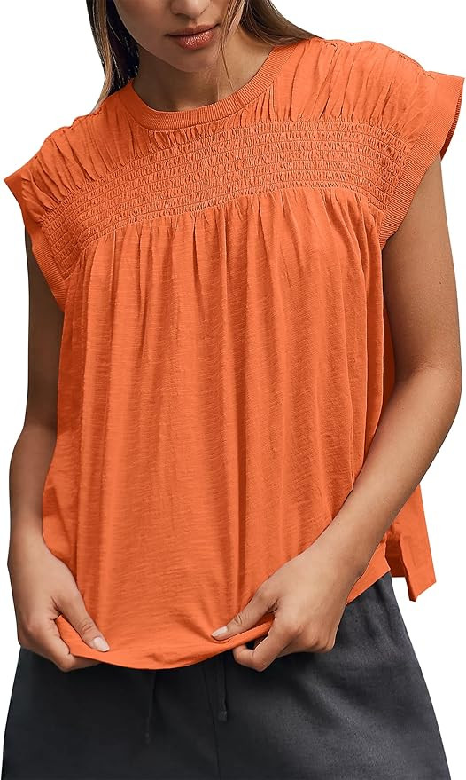 Smocked Pleated Blouse for Women Summer Ruffle Crewneck Cap Sleeve Shirts 2025 Trendy Solid Loose... | Amazon (US)