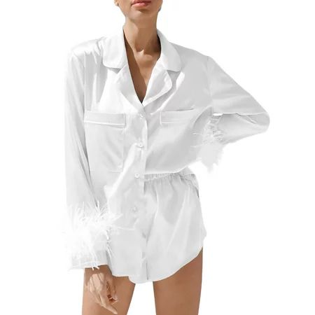Douhoow Women s Pajamas Set Long Sleeve Feather Cuffs Blouse Short Pants Summer Loose Sleepwear | Walmart (US)