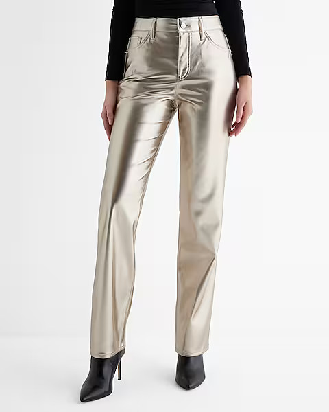 High Waisted Metallic Faux Leather Modern Straight Pant | Express