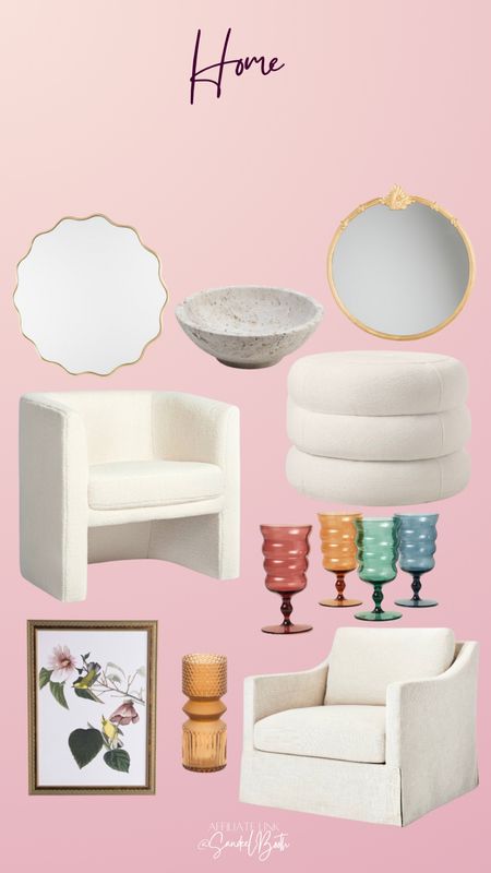 Home decor finds on a budget. Wine goblets, accent chair, dining chair, wavy gold mirror, round gold mirror, wall art, travertine bowl, faux leather ottoman, glass vase, Anthropologie lookalike, pottery barn lookalike 

#LTKstyletip #LTKhome #LTKunder50