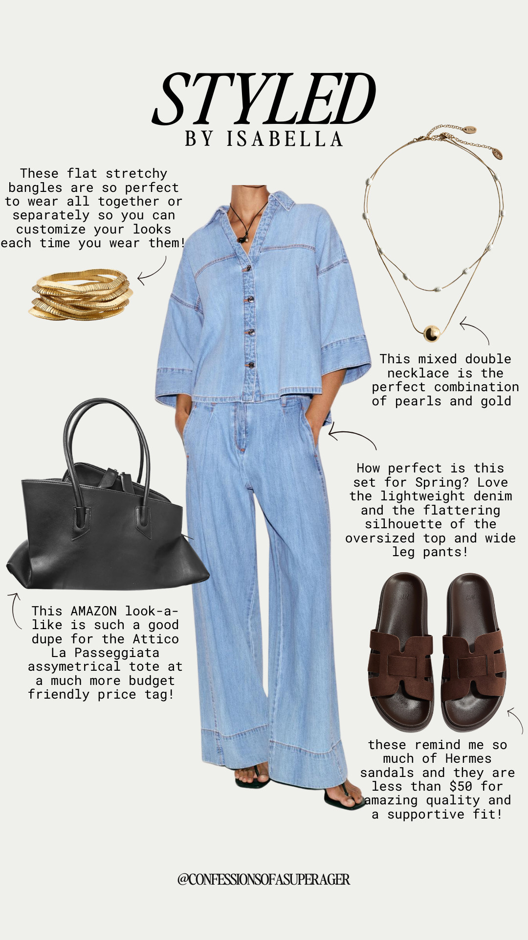 Effortless spring denim outfit you’ll wear on repeat 💙 This lightweight denim matching set with an oversized button-down top and wide leg jeans is the perfect blend of comfortable, chic, and elevated casual style. I paired it with Hermès-inspired brown slide sandals under $50, a designer look-for-less Amazon tote, gold stackable bangles, and a pearl layered necklace for an easy everyday look that feels polished but relaxed. Tap to shop these affordable luxury finds and spring capsule wardrobe staples before they sell out! #LTKStyle #LTKFinds #LTKUnder50 #SpringStyle #DenimSet #WideLegJeans #CasualChic #AffordableFashion #AmazonFashion #DesignerInspired #CapsuleWardrobe #EverydayStyle #EffortlessStyle #SpringOutfit #LTKFashion 

 

#LTKSpringSale #LTKootd #LTKSaleAlert