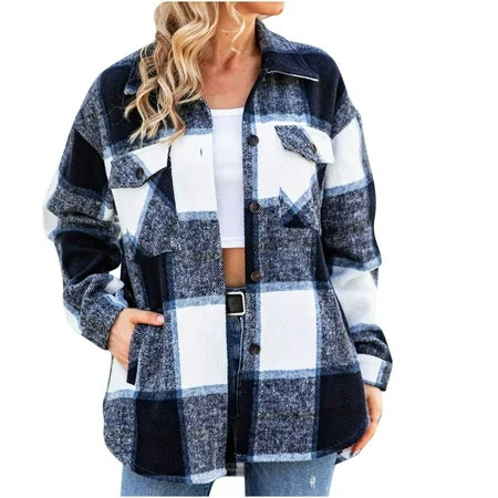 Women s Plaid Wool Coats Flannel Shacket Jackets Button Down Oversized Long Sleeve Jacket Oversized  | Walmart (US)