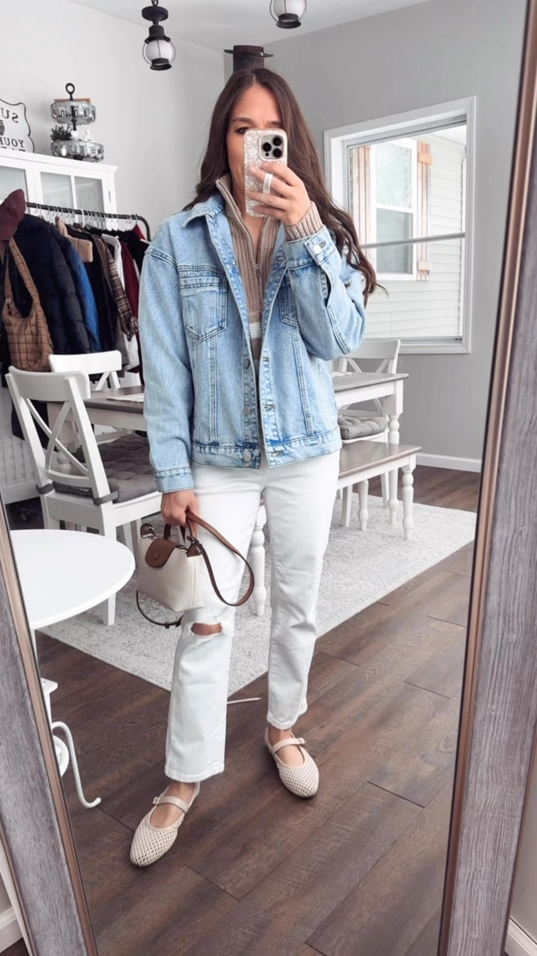Love a good lightweight denim jacket! Size small 
Quarter zip sweater small 
New white denim up one size short option
Shoes tts 

#LTKFindsUnder50 #LTKPetite #LTKStyleTip