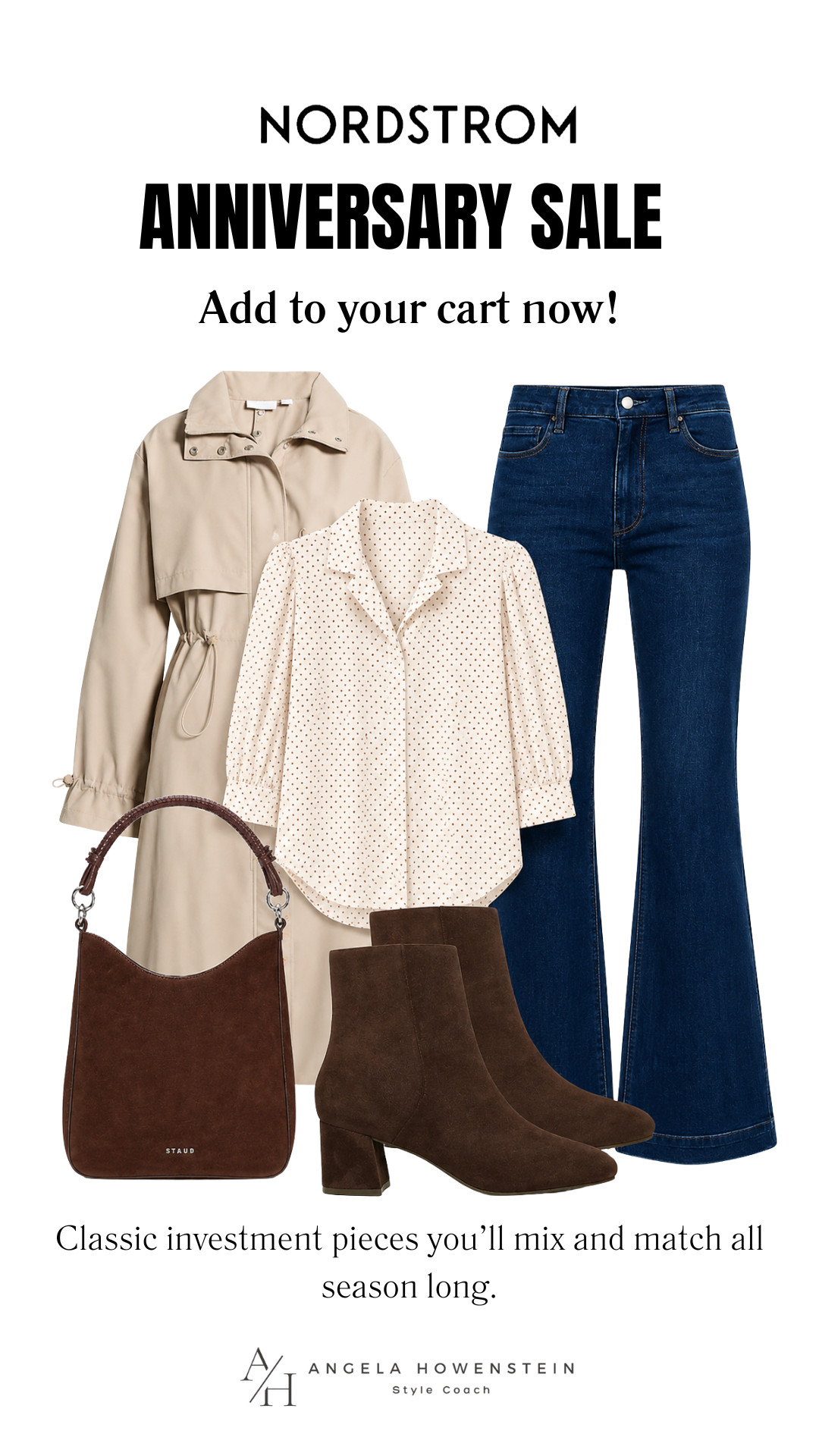 These are the Nordstrom Anniversary Sale pieces I’d add to my cart first. A classic trench coat, timeless polka dot blouse, flattering flare jeans, suede ankle boots, and a rich brown shoulder bag create a wardrobe you’ll wear for years.

👩‍💻 LTK PRO TIPS
❤️ Heart = Support my posts ;-)
🔖 Save = Get sale & restock alerts for the things you love!
📋 Lists = Keep favorites organized (List ideas: Christmas, Birthdays, and Vacations!)
📲 Share = Send lists and products to a friend (or your daughters like me).
💬 Comment = Ask me anything, and I’ll answer. ;-) 

 #LTKootd #LTKOver40 #LTKSaleAlert