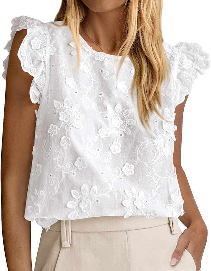 KIRUNDO Blouses For Women Dressy Casual Summer 2026 Ruffle Cap Sleeve Lace Tops Eyelet Floral Emb... | Amazon (US)