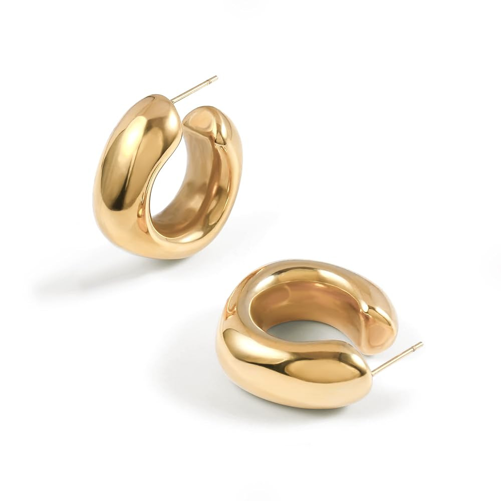 Waterproof Thick Gold Chunky Hoops Earrings for Women Non Tarnish,18K Gold Plated Hypoallergenic ... | Amazon (US)