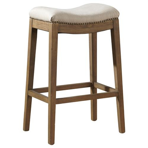 Amari French White Performance Brown Oak Wood Nailhead Backless Counter Stool | Kathy Kuo Home