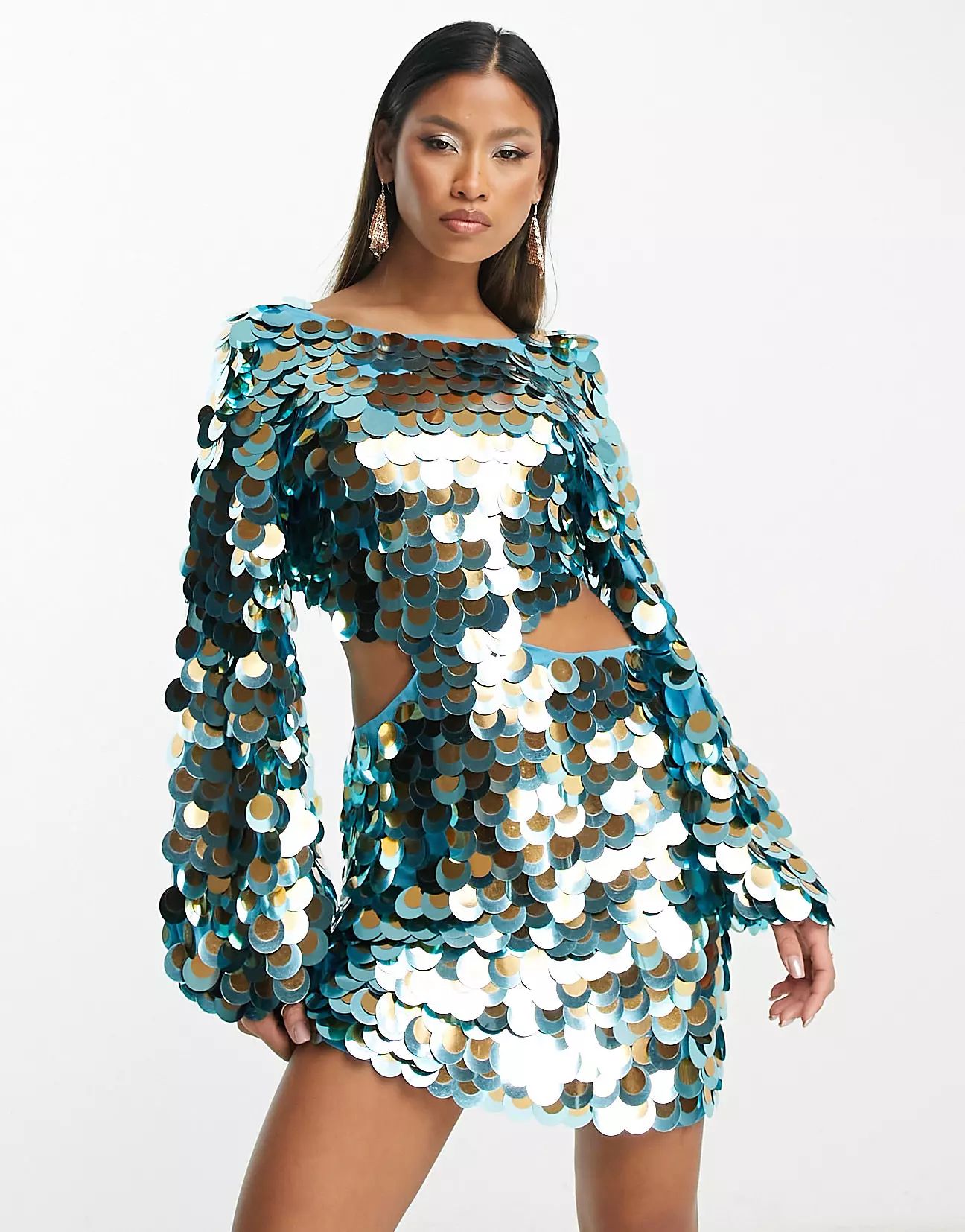 ASOS DESIGN all over disc sequin mini dress with multi layered detail in blue | ASOS (Global)