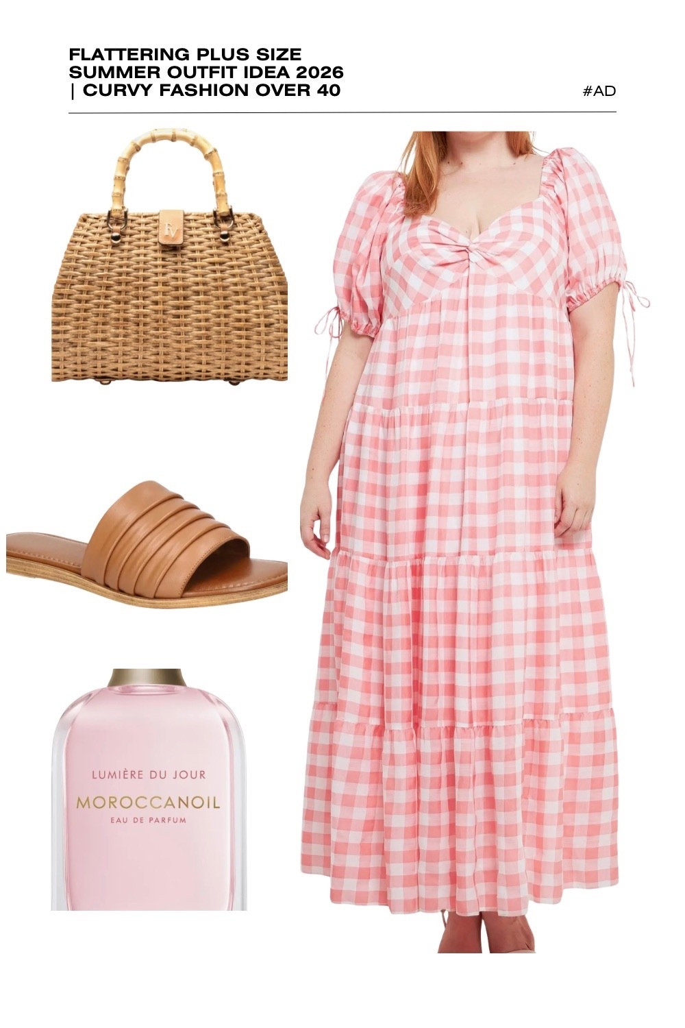 Embrace the ultimate pink gingham plus size summer outfit for 2026! This flattering puff sleeve maxi dress is a premier choice for curvy fashion over 40, featuring a sweet knot-front bodice, a comfortable empire waist, and a tiered skirt for maximum breezy comfort. The classic pink and white check pattern makes it the perfect summer picnic dress or garden party look.
We’ve styled this charming tiered dress with a natural wicker bamboo handle bag and comfortable tan ribbed slide sandals for a cohesive, earthy finish. The ensemble is completed with the radiant, sun-soaked scent of Moroccanoil Lumière du Jour. Discover how to style romantic gingham prints for curvy figures this season. #PlusSizeFashion #GinghamDress #SummerOutfits2026 #CottagecoreStyle #CurvyFashion #MoroccanoilFragrance #PicnicChic
