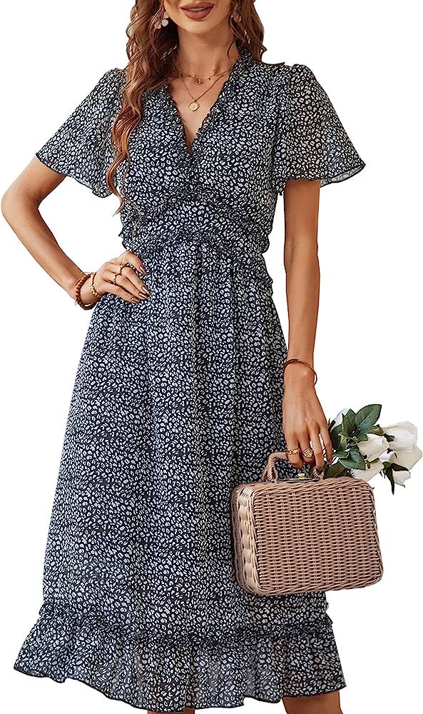 KIRUNDO 2023 Women's Summer Casual Ruffle Short Sleeve V Neck Boho Floral Print Midi Dress Flowy ... | Amazon (US)