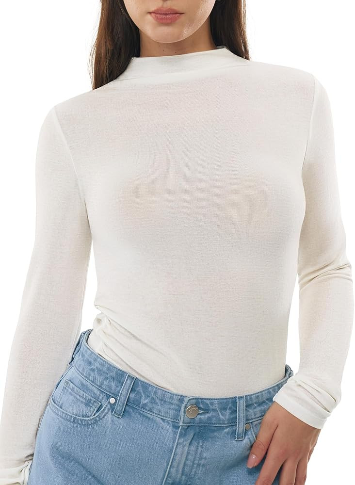 Women's Mock Turtle Neck Long Sleeve Shirts Merino Wool Knit Tops Fitted Slim Fit Basic Tees Cozy... | Amazon (US)