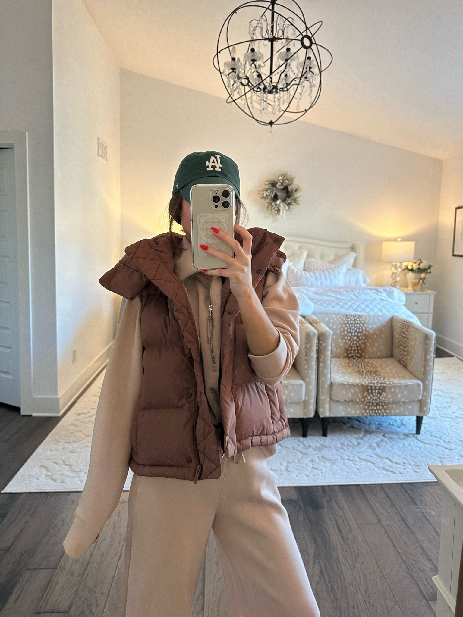 green la hat lululemon puffer vest (size 2) 
spanx airessentials quarter zip (sized up from xs to m) 
spanx airessentials wide leg pant (sized up one to small) 
golden goose superstar sneakers (I’m a 7/7.5 wearing 38)

#LTKstyletip #LTKfitness #LTKSeasonal
