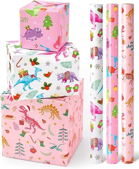Christmas Dinosaur Wrapping Paper Rolls - 3 Rolls 17" x 120" Pink Dinosaur Wrapping Paper Rolls G... | Amazon (US)