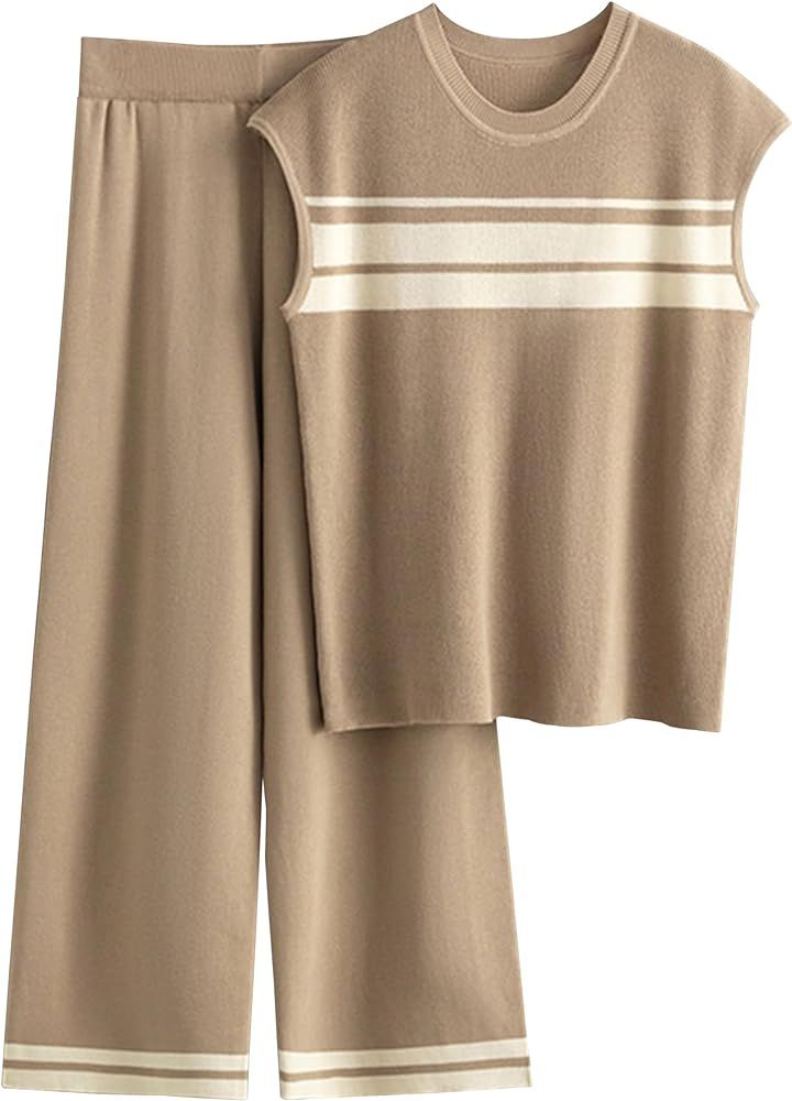 Women's 2 Piece Outfits Lounge Sets Sleeveless Knit Sweater Sets Loungewear Tracksuits | Amazon (US)