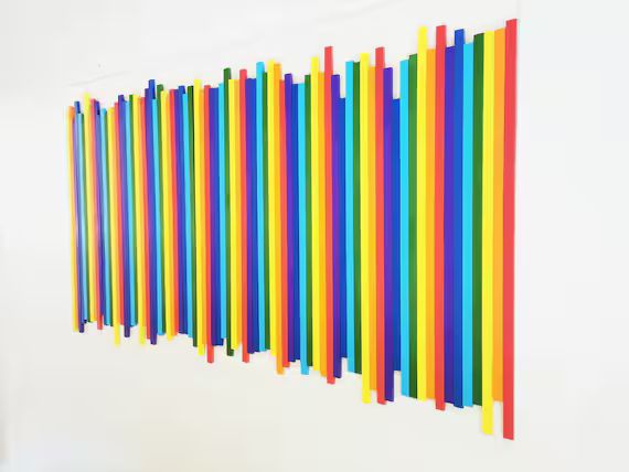 Large slat wood wall art. Rainbow colors. Sculpture wall art in multicolor design. Bold 3d art. P... | Etsy (US)
