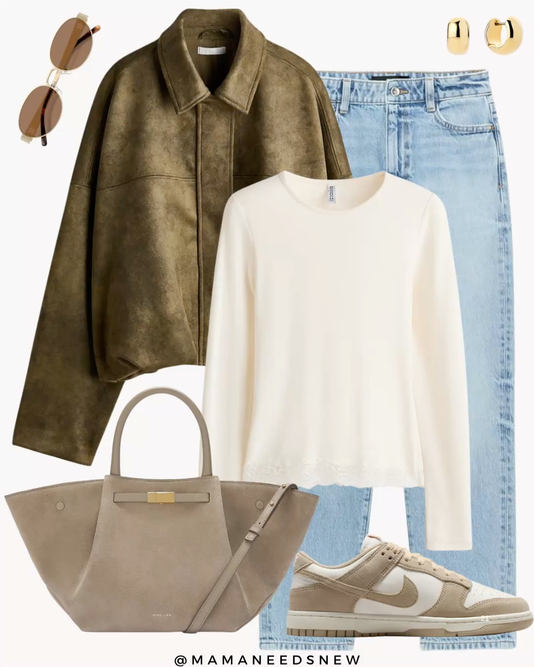 A spring outfit with a suede jacket, jeans, lace trim tshirt, suede tote bag, sneakers  

#LTKootd #LTKSeasonal #LTKSaleAlert