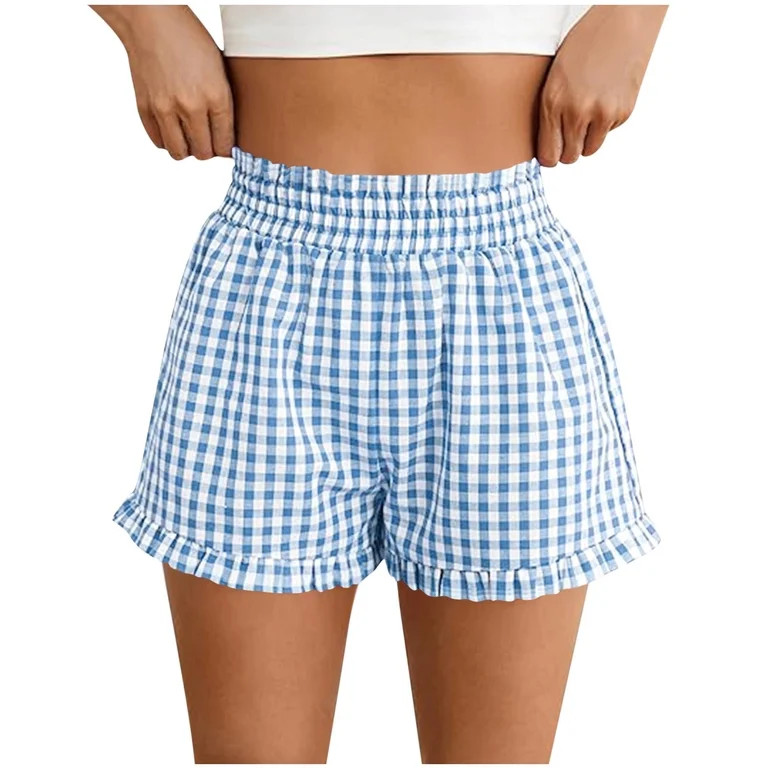hotojiny Women Plaid Boxer Shorts Cute Cozy Summer Ruffle Hem Pajama Bottoms Lounge Elastic Waist... | Walmart (US)