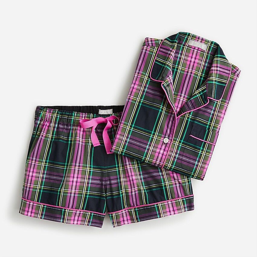 Long-sleeve cotton poplin pajama short set in pink Stewart tartan | J.Crew US