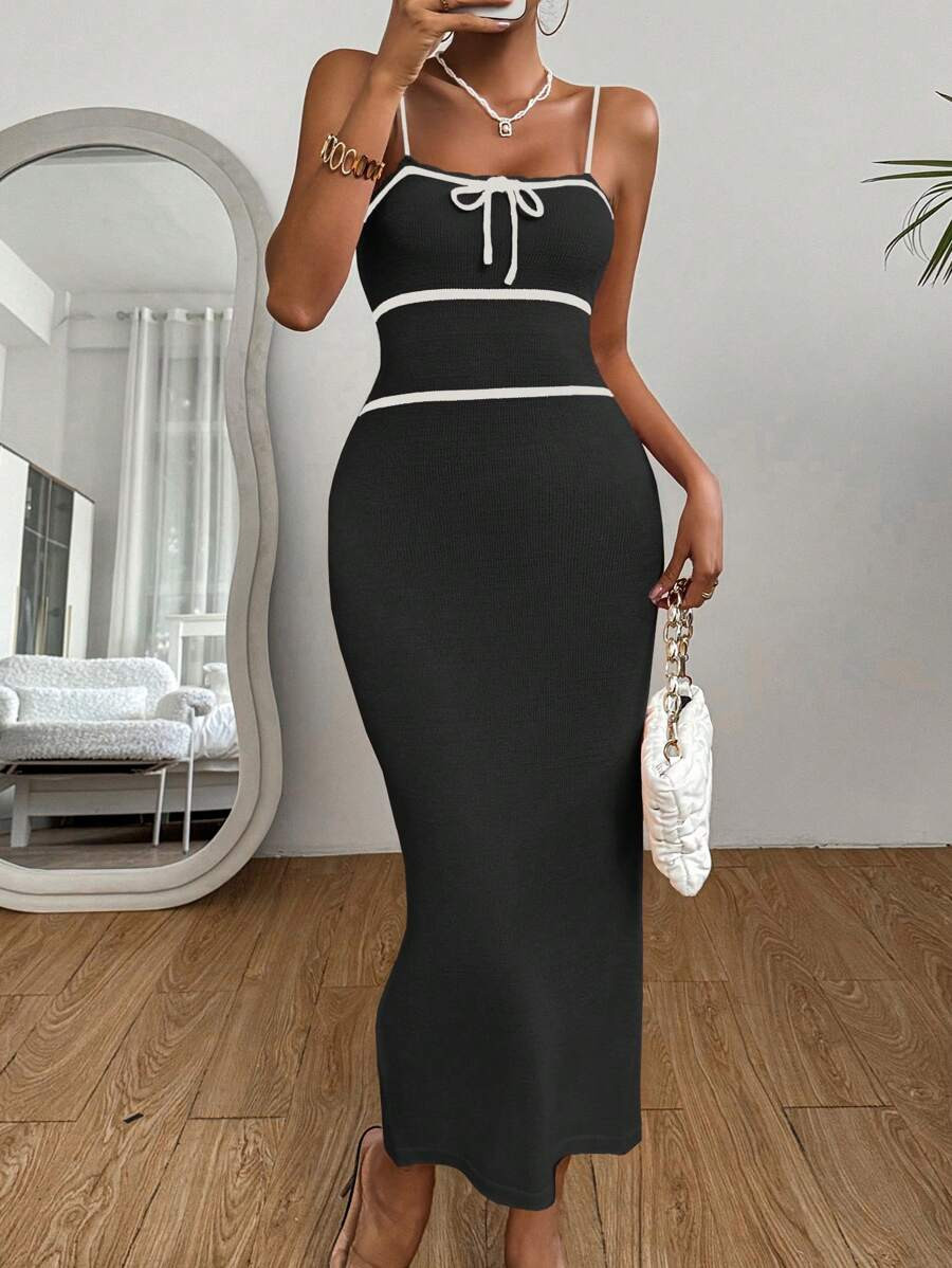 SHEIN Privé Women's Summer Bowknot Decor Long Knitted Sweater Vest Dress | SHEIN