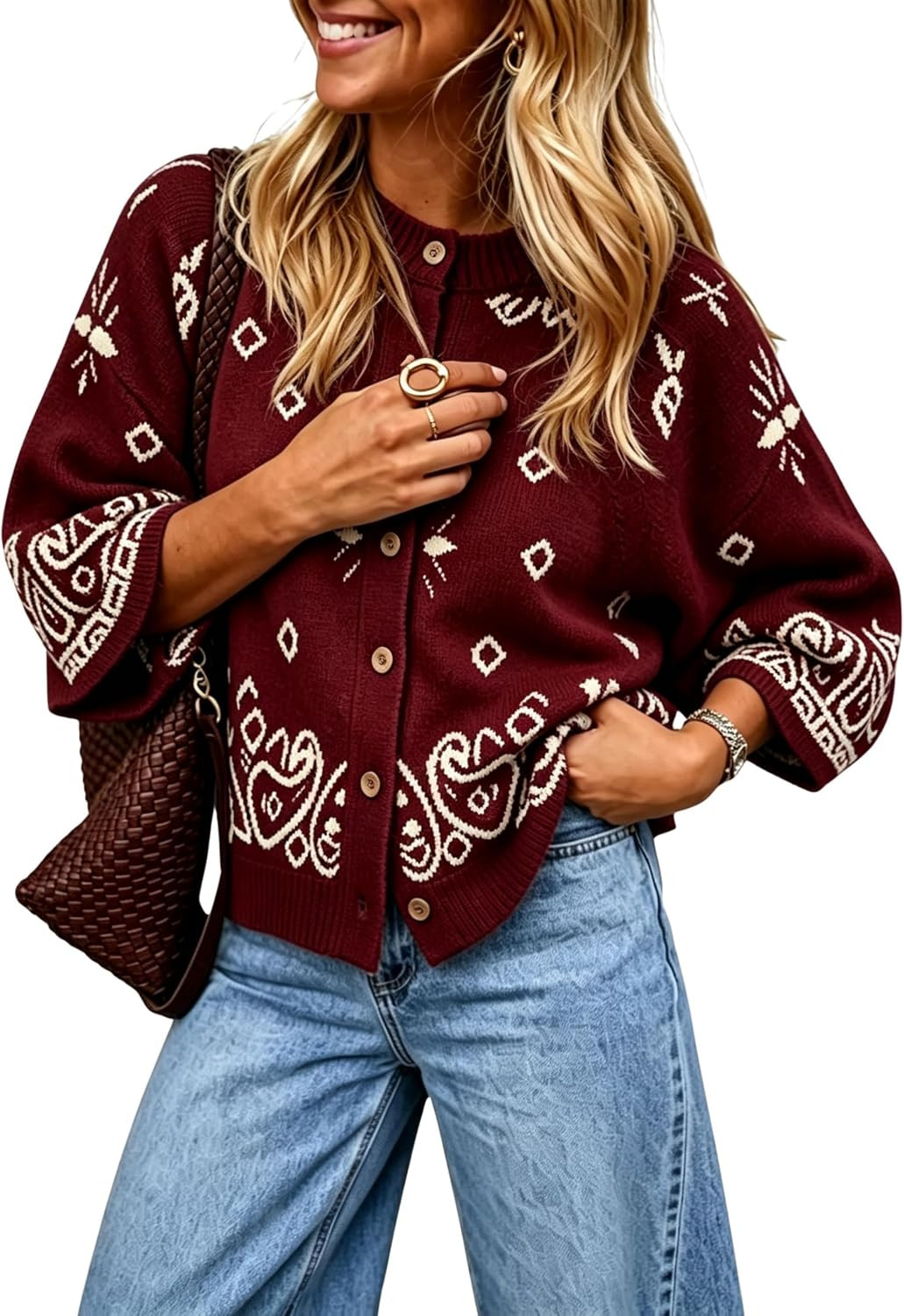 Yeokou Women's Bandana Batwing Cardigan 3/4 Sleeve Loose Knit Top Pullover | Amazon (US)