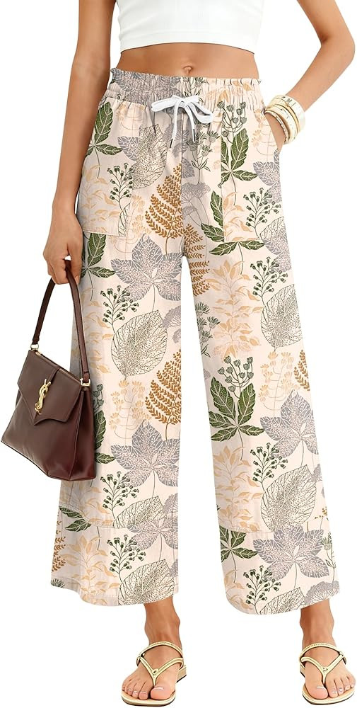 LOMON Women's Casual Wide Leg Pants Drawstring Elastic Waist Flowy Palazzo Pants with Pockets | Amazon (US)