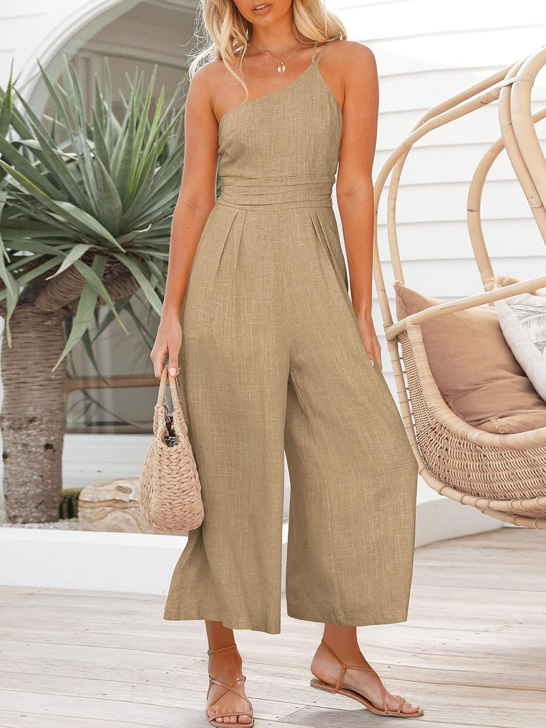 Prinbara Women's Summer One Shoulder Straps Pleated Sleeveless High Waist Casual Wide Leg Jumpsui... | Amazon (US)