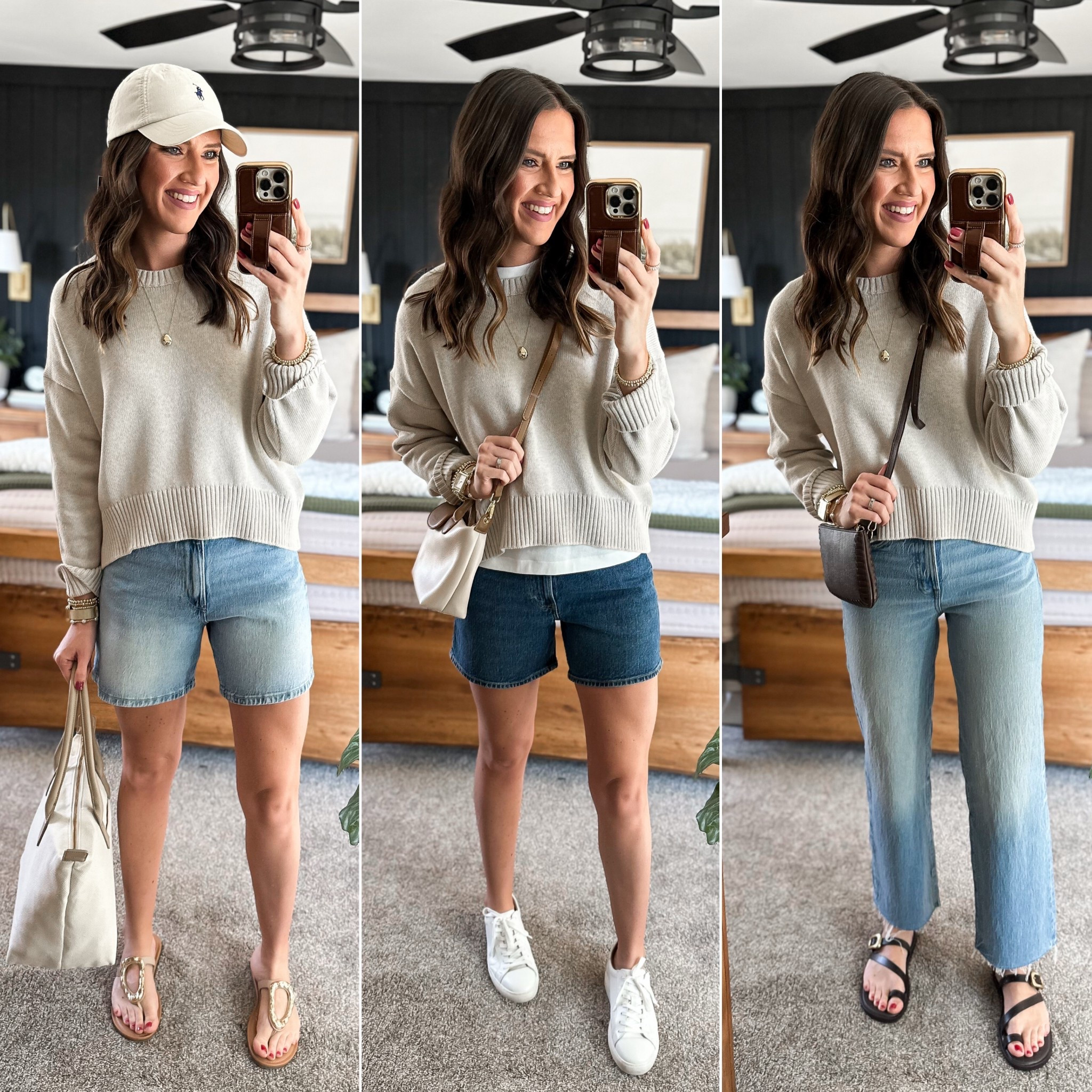 Spring Capsule Wardrobe - Oatmeal Sweater 

Sweater - small
Ivory tee - small tall
Light wash shorts - size 4 
Dark wash shorts - size 27
Jeans - sized down to a 25 tall 
I can’t link the hat in LTK but it’s from Ralph Lauren 

#LTKFindsUnder100 #LTKFindsUnder50 #LTKStyleTip