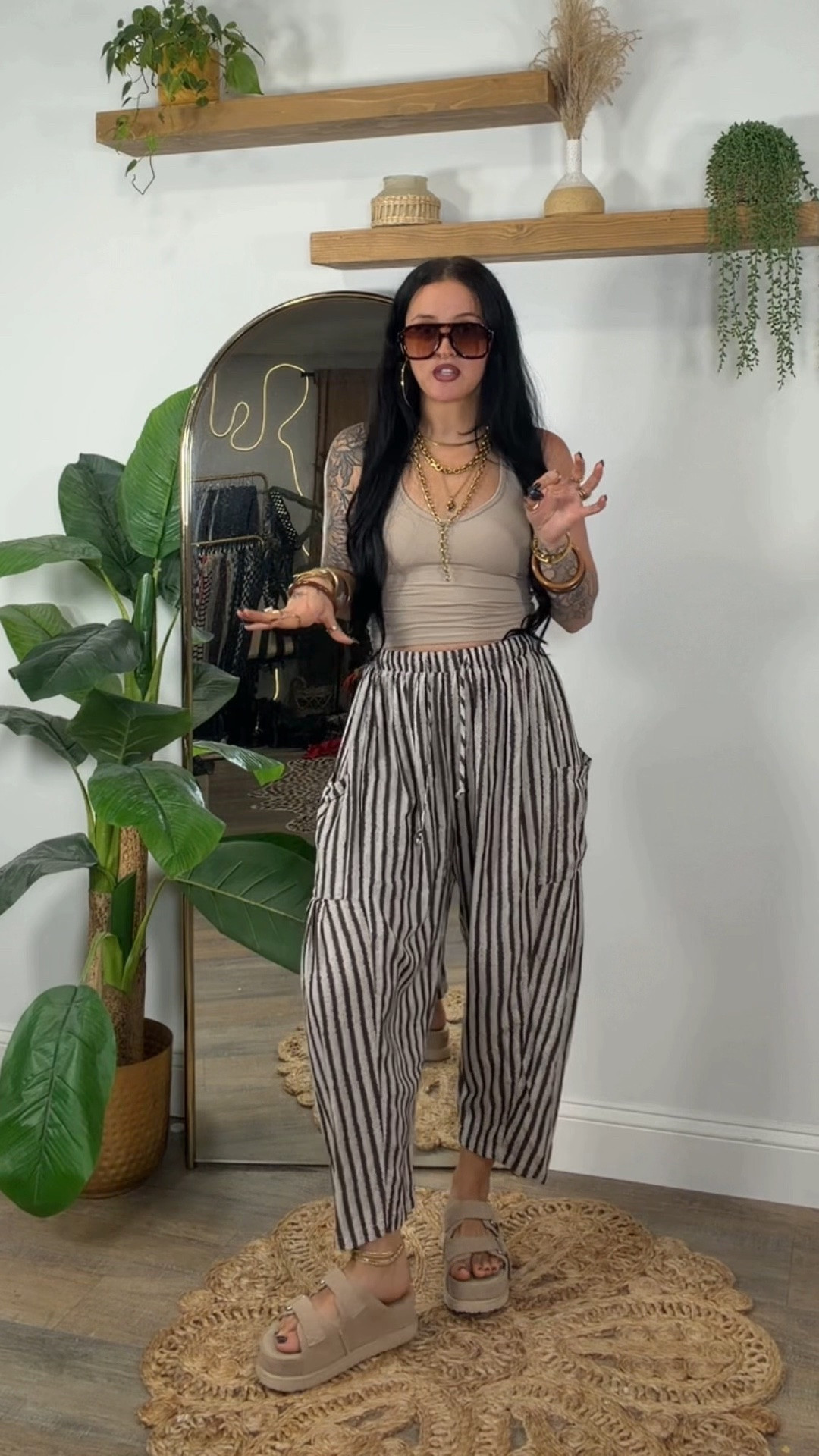 I’m 5’3 & 133 wearing a small in the pants in the color ”black beige striped”. I linked a similar shirt because this top was from TikTok shop