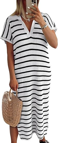 ANRABESS Vestido midi a rayas de verano para mujer, casual, manga corta, cuello en V, suelto, de ... | Amazon (US)