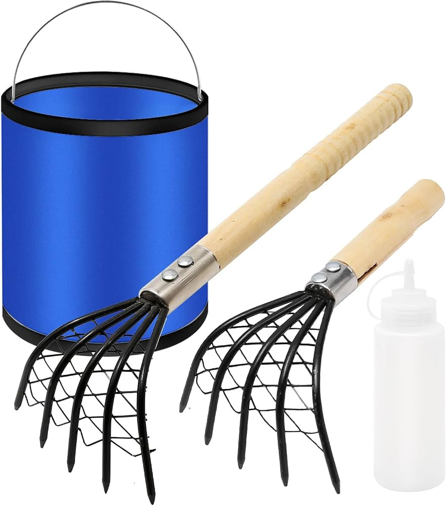 4Pcs Portable Clam Rake Set, Clam Rake with Net 2 Sets + 9L Folding Bucket (Blue) + Sea Salt Shak... | Amazon (US)