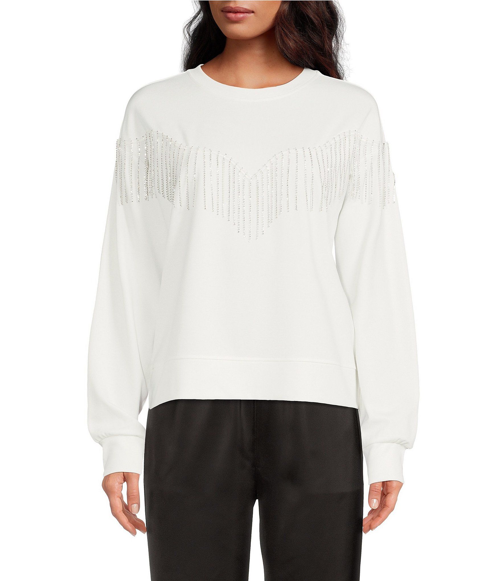 Nikki Rhinestone Fringe Long Sleeve Sweatshirt | Dillard's