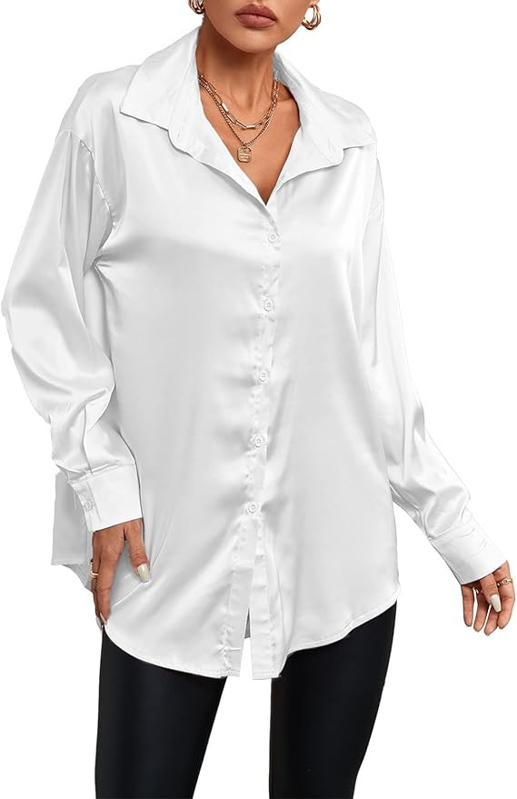 LYANER Women's Satin Silk Collar V Neck Button Down Long Sleeve Blouse Shirt Top | Amazon (US)