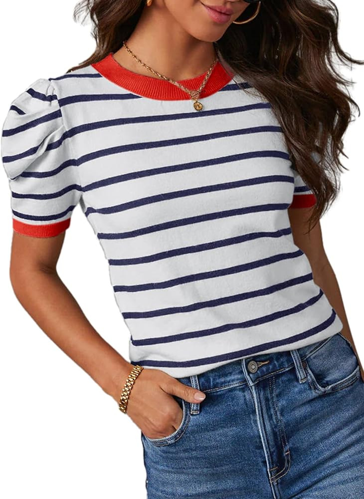 Dokotoo Women's Short Puff Sleeve Knit Tops 2025 Trendy Crewneck Striped T Shirts Casual Summer B... | Amazon (US)