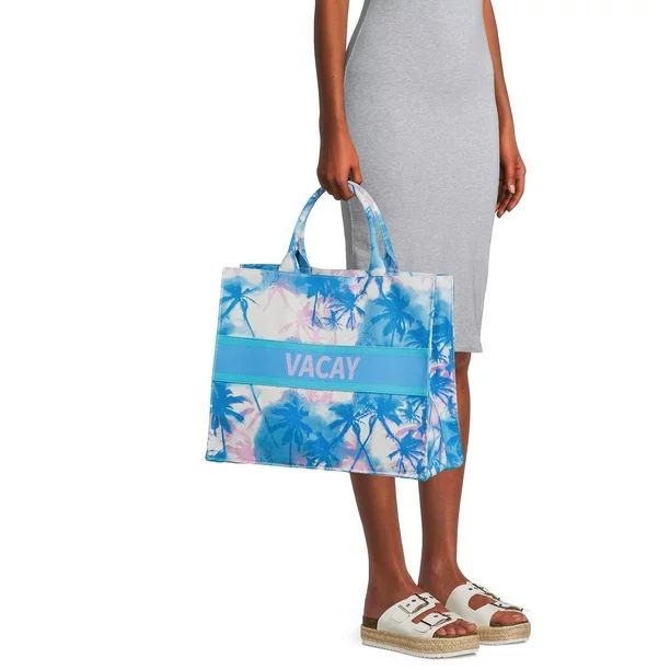 No Boundaries Women's Vacay Canvas Print Beach Tote Handbag, Neptune Blue | Walmart (US)