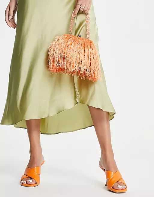 ASOS DESIGN faux feather clutch with resin handle in orange | ASOS (Global)