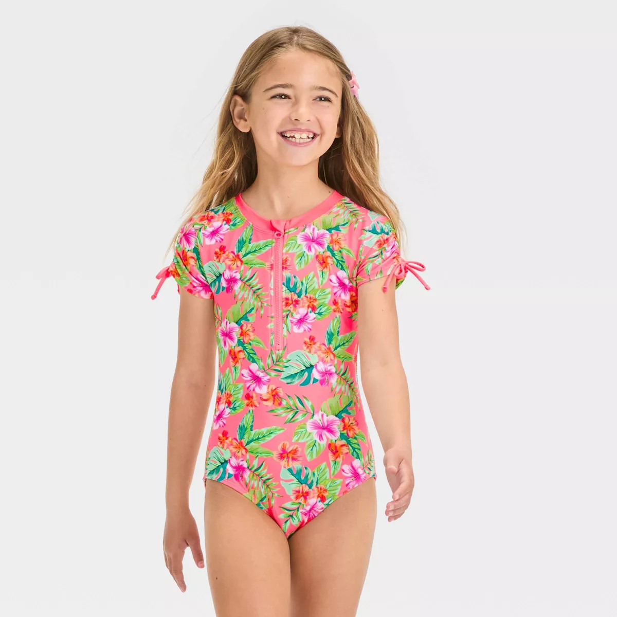 Girls' Tropical Charm Leaf Printed One Piece Rash Guard Swimsuit - Cat & Jack™ | Target