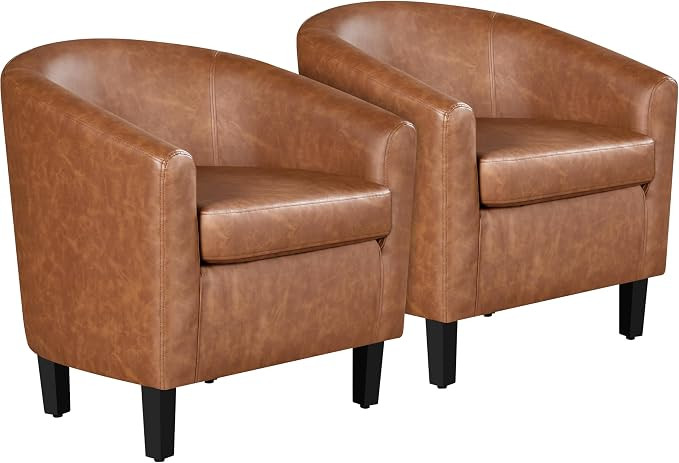 Yaheetech Brown Accent Chairs Set of 2, Faux Leather Barrel Chairs, Comfy Modern Leather Club Arm... | Amazon (US)