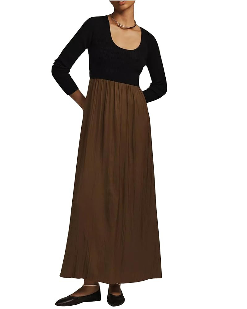 Women's Sweater Maxi Dress Long Sleeve Scoop Neck Flowy Ribbed Knit Patchwork Dress | Amazon (US)