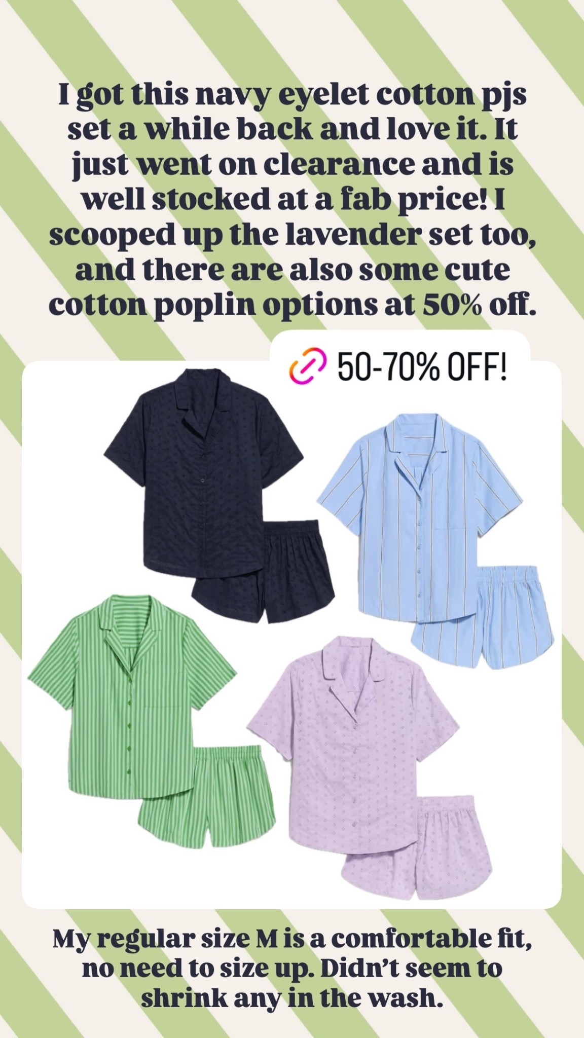 I got this navy eyelet cotton pjs set a while back and love it. It just went on clearance and is well stocked at a fab price! I scooped up the lavender set too, and there are also some cute cotton poplin options at 50% off.  My regular size M is a comfortable fit, no need to size up. Didn’t seem to shrink any in the wash.