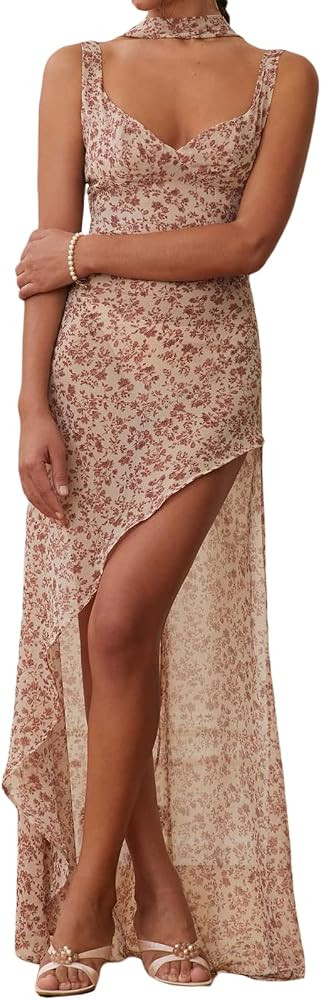 Women Floral Print Split Midi Dress Sleeveless Ruffle Floral Boho Dresses Cottagecore Backless Bu... | Amazon (US)