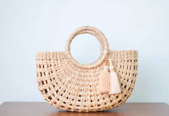 Get free tassels as pictures • Straw bag • Weaving seagrass • top handle bag • boho bag ... | Etsy (US)