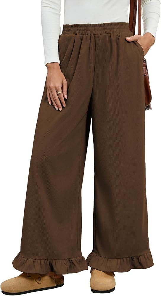 Omoone Womens Corduroy Pants Wide Leg Ruffled Hem Elastic Waist Lounge Cord Pants with Pockets | Amazon (US)