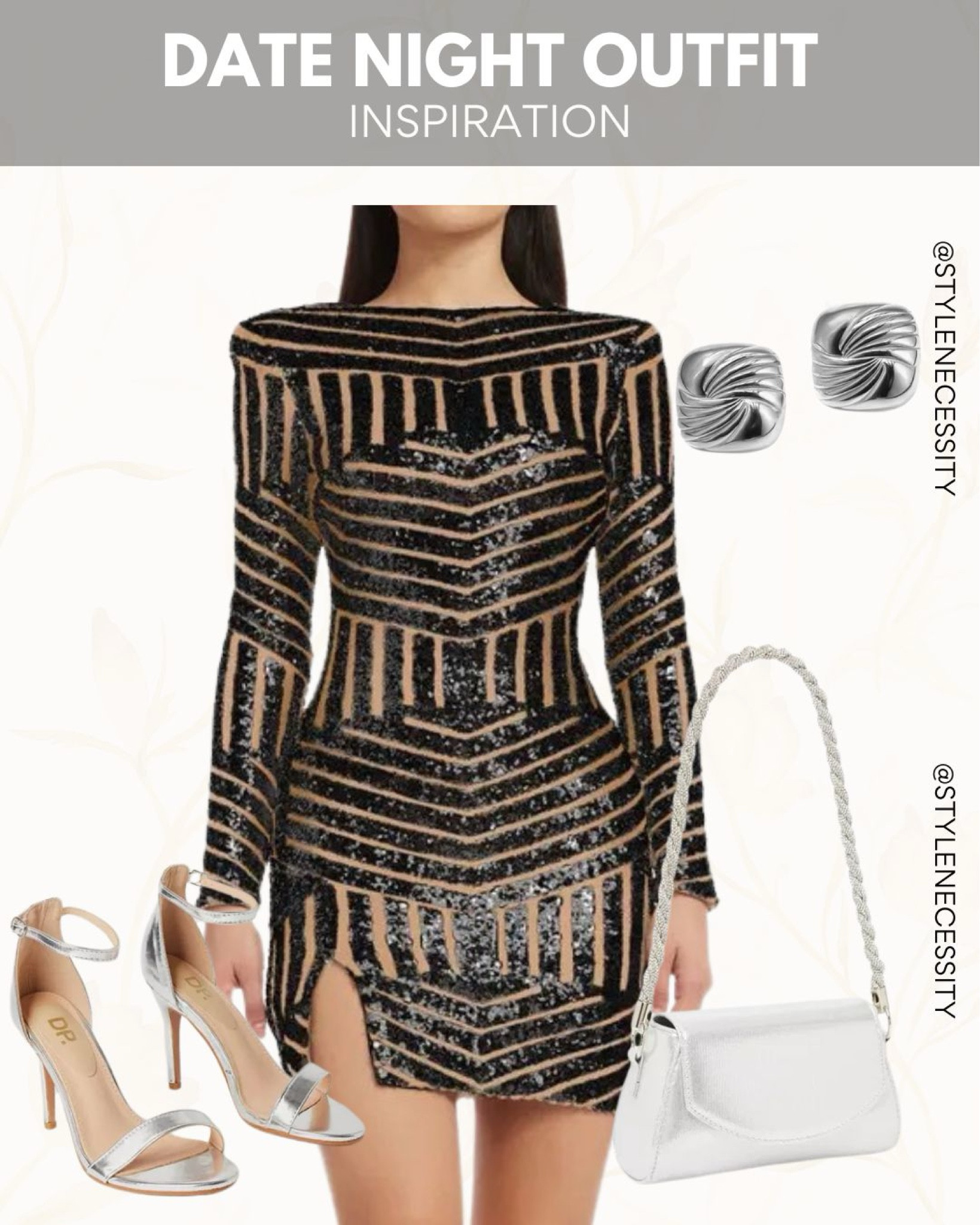 This Date Night Outfit Inspiration is all about glamour and sophistication! The black and nude sequin mini dress with geometric patterns and a sultry slit is perfect for making a bold statement. Paired with sleek silver accessories, including strappy metallic heels, a chic shoulder bag, and elegant square earrings, this look is ideal for a romantic dinner, night out, or a special event.

#DateNightGlam #EveningStyle #SequinDress #ElegantLooks #NightOutFashion #ChicAndTrendy #FashionInspo #StyleNecessity
#LTKuk #DateNightDress

#LTKItBag #LTKParties #LTKStyleTip