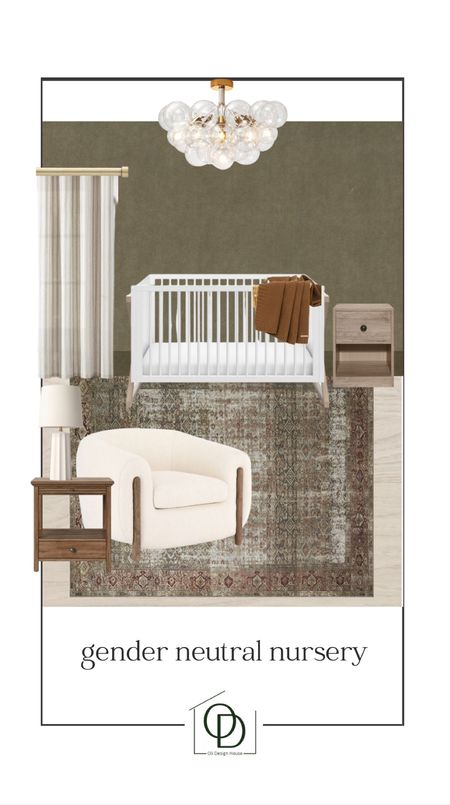 Gender neutral nursery mood board. White crib, modern white and wood crib, farmhouse crib, brass bubble light, gold ceiling light with baubles, brass curtain rod, striped linen curtains, natural wood nightstand, nightstand with 1 drawer, wood end table, scalloped white table lamp, rust coloured muslin baby blanket, amber Lewis x loloi area rug, oversized white Boucle accent chair with wood legs Modern organic nursery, moody nursery, moody home design, modern organic home decor

#LTKhome #LTKkids #LTKbump