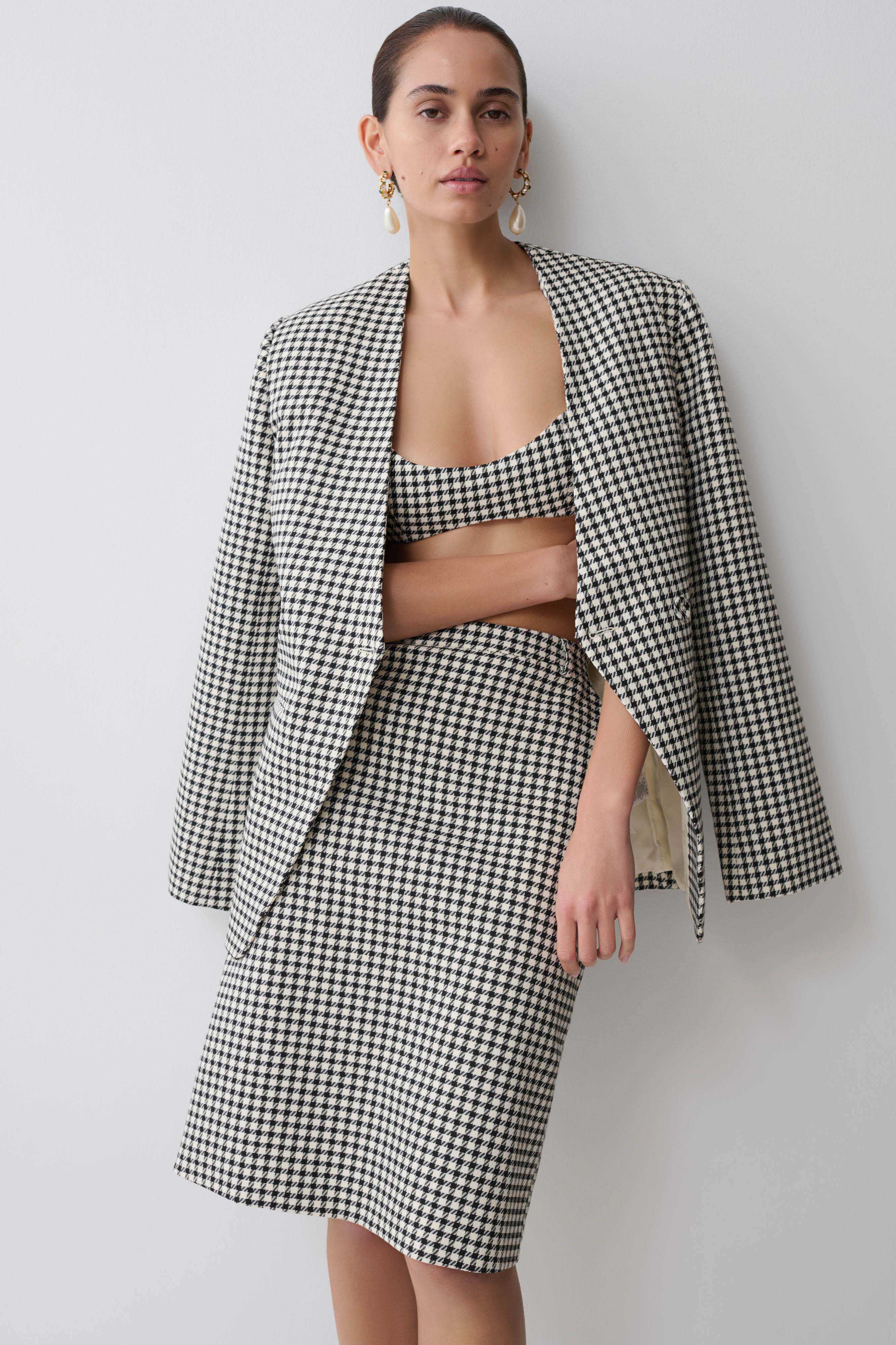 Darcie Drop Shoulder Suiting Blazer - Houndstooth | Meshki UK