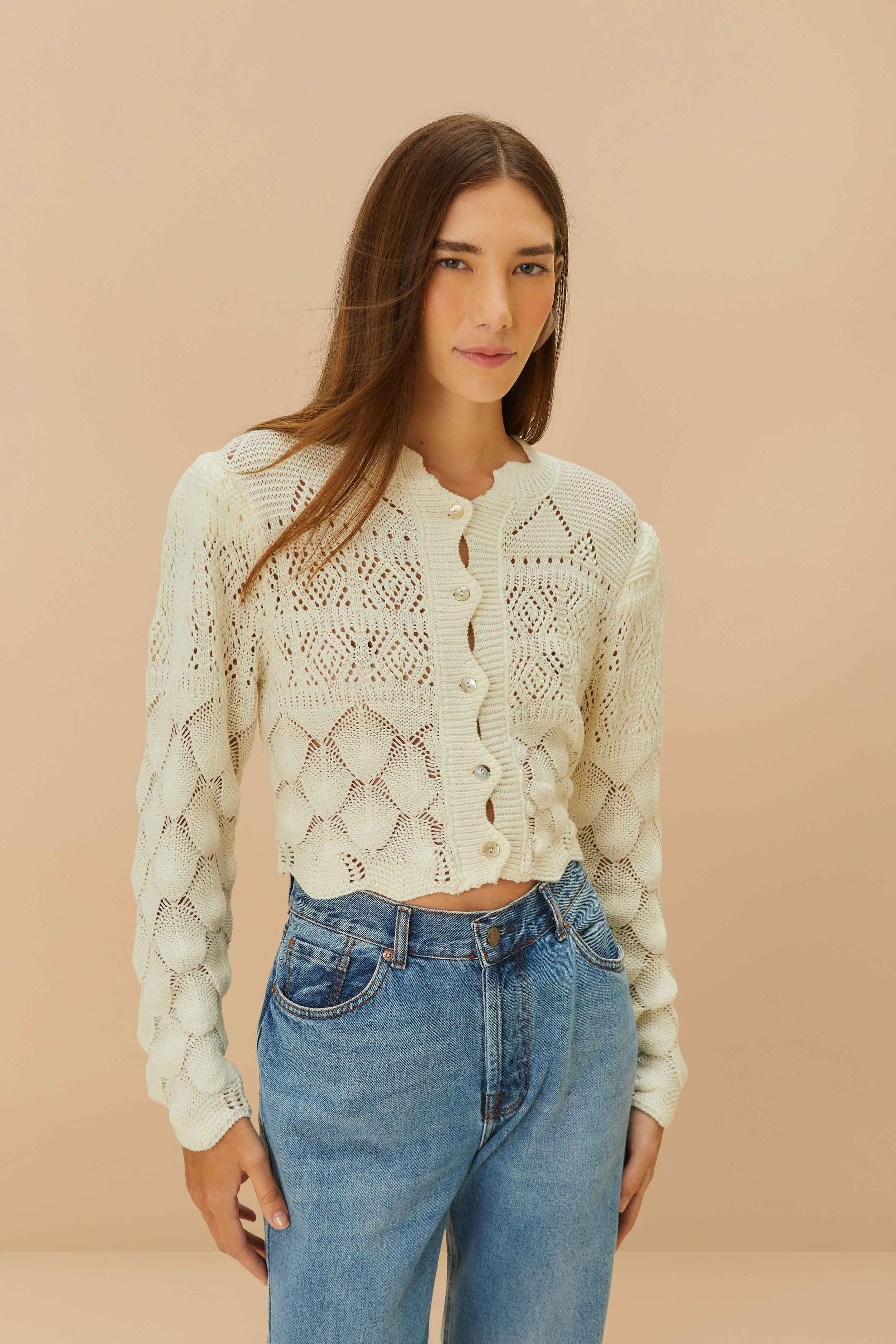 Off-White Mixed Lace Stitch Cardigan | FarmRio (US)